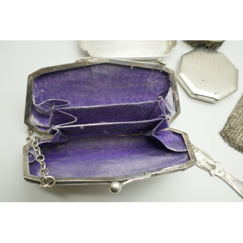 7244 - Two silver plated purses, an Eastern pot set with stones, a plated dish, compact, and a letter opene... 