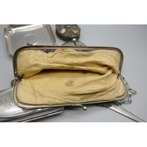 7244 - Two silver plated purses, an Eastern pot set with stones, a plated dish, compact, and a letter opene... 