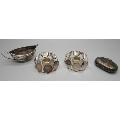 7263 - A pair of Mema Prima NS Scandinavian silver plated candle holders, a silver salt, a/f, and a silver ... 