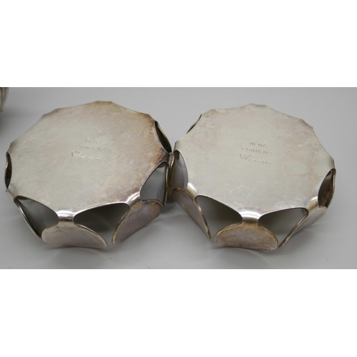 7263 - A pair of Mema Prima NS Scandinavian silver plated candle holders, a silver salt, a/f, and a silver ... 