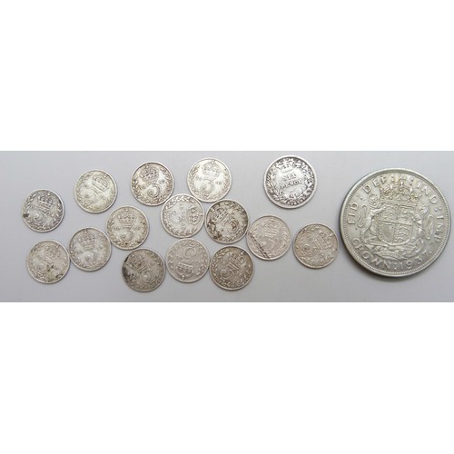 7215 - Coins - A collection of silver threepences and a Victoria sixpence, all pre 1920, together with a hi... 