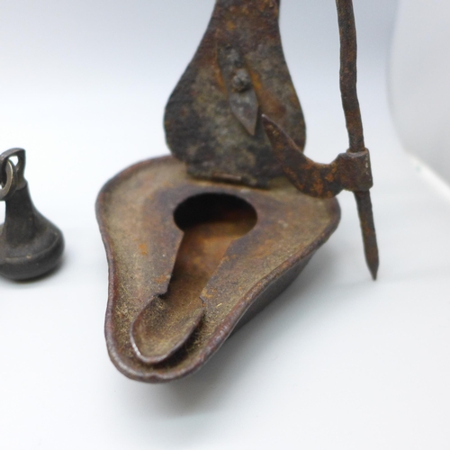 2010 - Two sets of hanging balance scales, c1900, and a Georgian Betty lamp