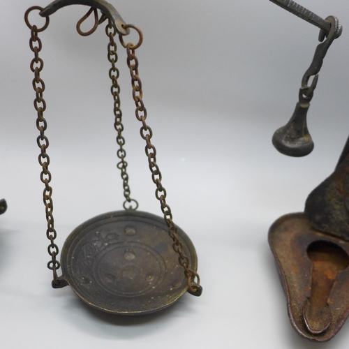 2010 - Two sets of hanging balance scales, c1900, and a Georgian Betty lamp