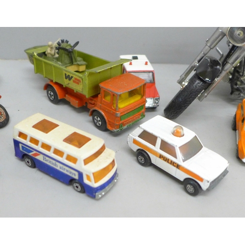 2058 - A box of vintage Matchbox die-cast models and a model Fatboy Harley motorcycle