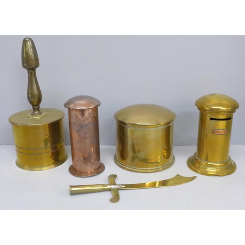 2064 - A shell trench art bell, pot and letter opener, and two letter box money boxes