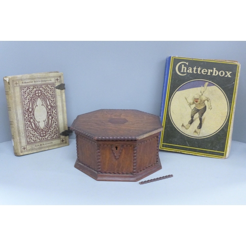 2067 - An Edwardian octagonal wooden box, a/f, Chatterbox book 1929 and a German bible