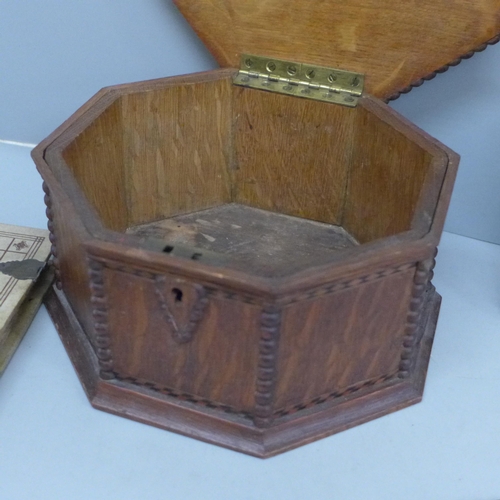 2067 - An Edwardian octagonal wooden box, a/f, Chatterbox book 1929 and a German bible