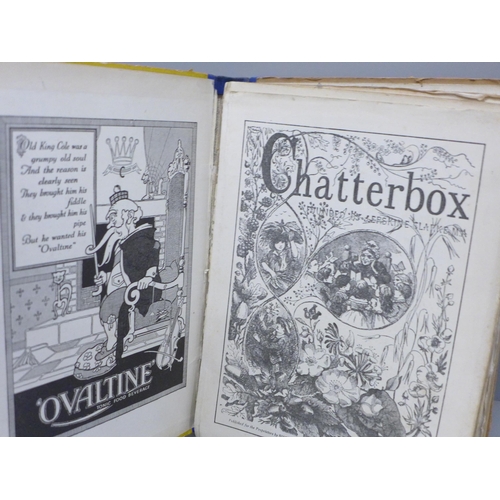 2067 - An Edwardian octagonal wooden box, a/f, Chatterbox book 1929 and a German bible