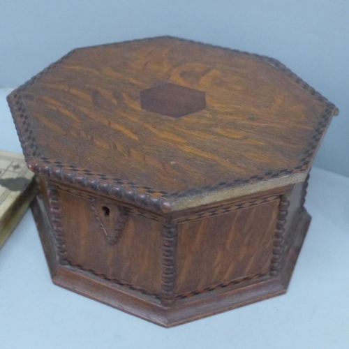 2067 - An Edwardian octagonal wooden box, a/f, Chatterbox book 1929 and a German bible