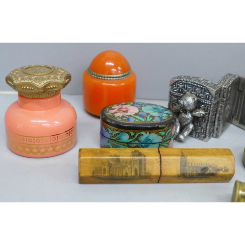 2086 - A Mauchline ware needle case, Cloisonne pot, lipsticks, two Avon pots and other boxes, etc.