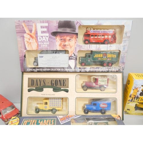 2097 - A box of die-cast model vehicles, mainly Corgi, Dinky and Matchbox, Play worn and four boxed vehicle... 