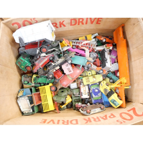 2097 - A box of die-cast model vehicles, mainly Corgi, Dinky and Matchbox, Play worn and four boxed vehicle... 