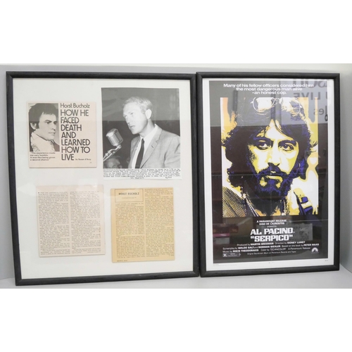 2099 - Two framed movie promotional posters, some autographed publicity photographs including Robert Vaugha... 