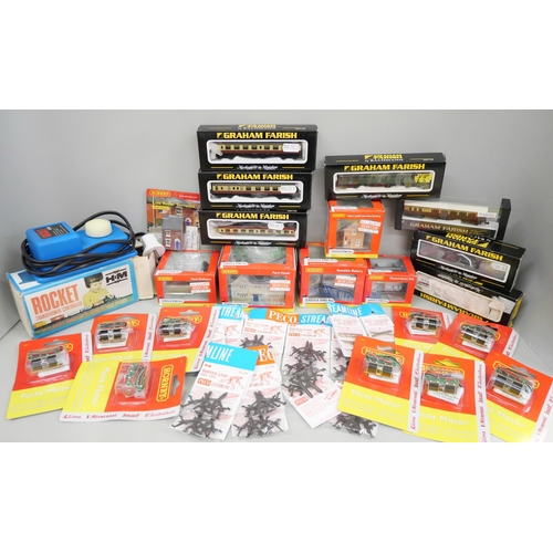 2102 - A box of N gauge model rail, eight boxed Farish, engine including 3F Jinty, coaches, wagons, buildin... 