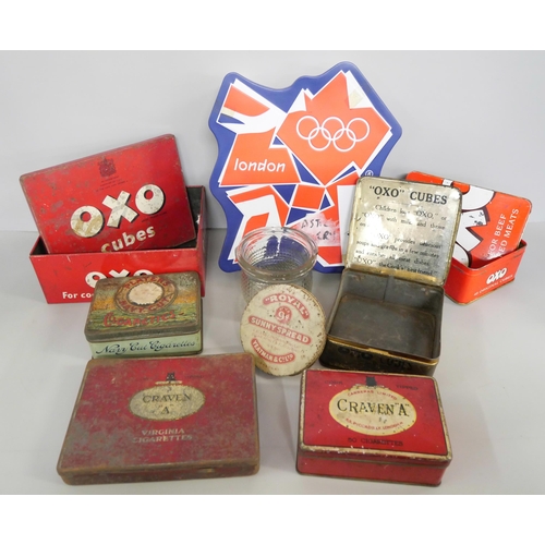 2122 - Three vintage OXO tins, a 2012 biscuit tin, etc.