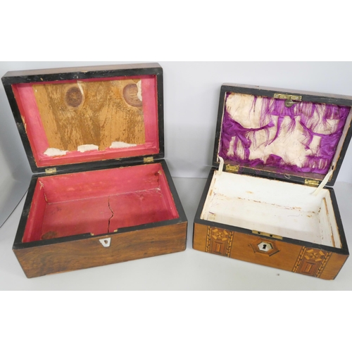 2145 - A collection of four wooden boxes to include an early 20th Century Edwardian walnut marquetry inlaid... 