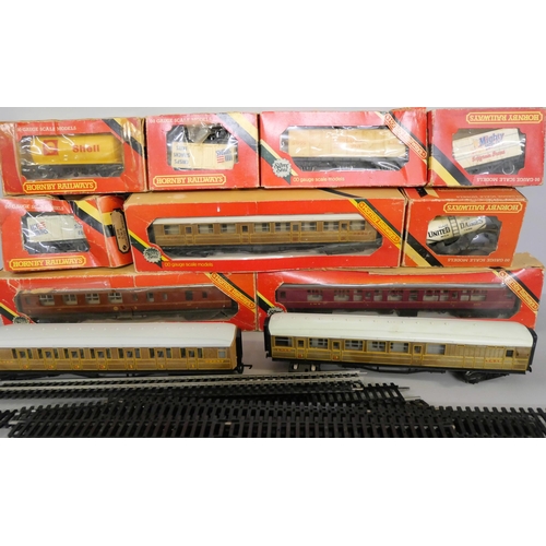 2158 - A collection of vintage Hornby railway models to include 00 gauge model rail, two locomotives, one w... 