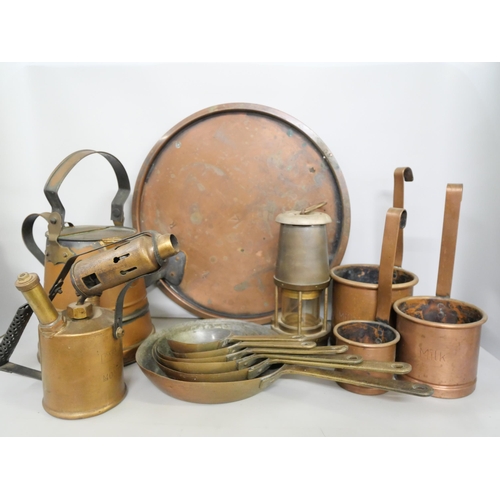 2162 - A collection of copper and brass items including miners lamp engraved The Wolf Safety Lamp Co Wm Mau... 