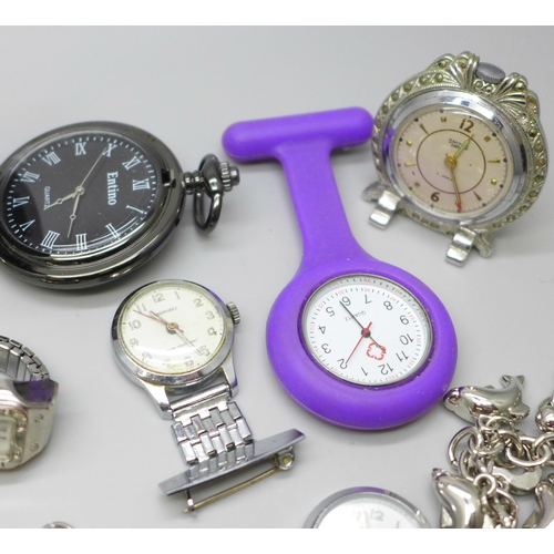 2184 - A pocket watch and pendant watches, etc., and a Smiths clock