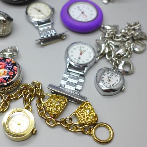 2184 - A pocket watch and pendant watches, etc., and a Smiths clock