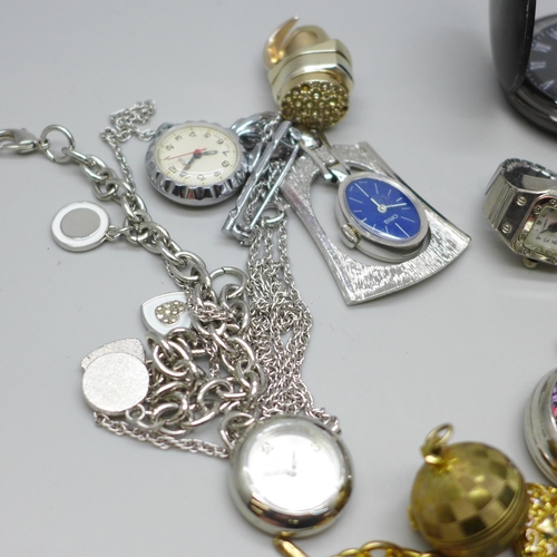 2184 - A pocket watch and pendant watches, etc., and a Smiths clock