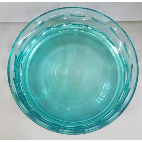 2211 - A mid Century blue glass centerpiece bowl with circular cut pattern, possibly Scandinavian.