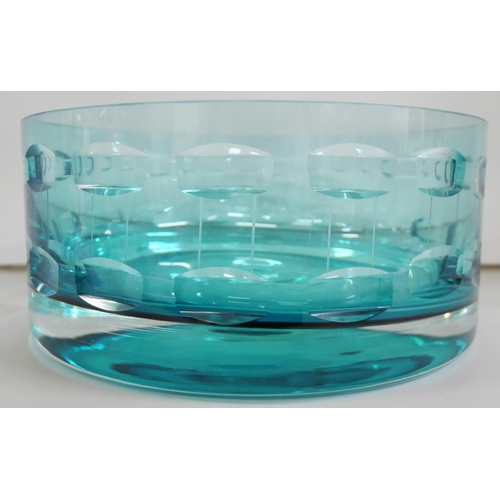 2211 - A mid Century blue glass centerpiece bowl with circular cut pattern, possibly Scandinavian.