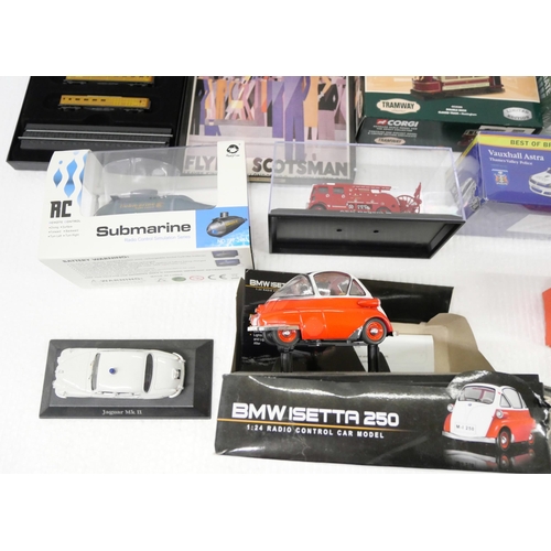 2224 - A box of vintage model vehicles including tin plate VW Beetle, Corgi Double Deck closed tram, and ot... 