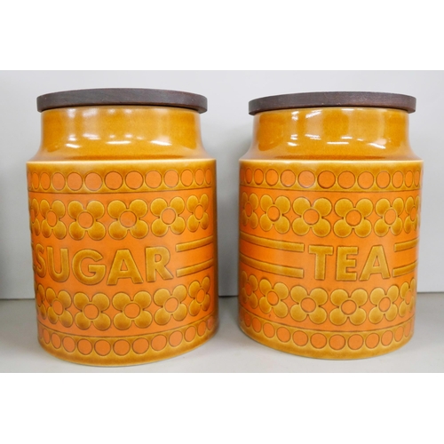 2226 - Four mid Century retro Hornsea pottery Saffron pattern storage jars including Tea, Sugar, Biscuits a... 