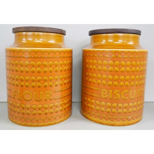 2226 - Four mid Century retro Hornsea pottery Saffron pattern storage jars including Tea, Sugar, Biscuits a... 