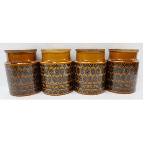 2251 - Four mid Century vintage Hornsea storage jars in the Heirloom pattern including Tea, Coffee and suga... 