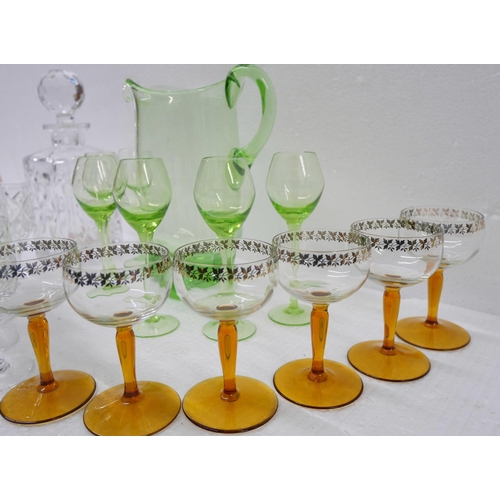 2261 - A collection of glass comprising of six green liquor glasses and pitcher, six crystal Sherry glasses... 