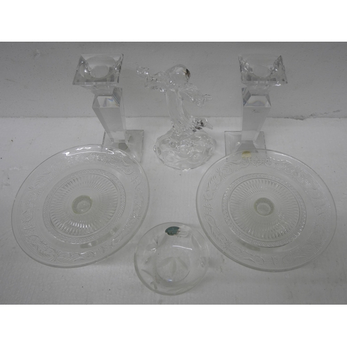 2263 - A collection of glass comprising two cake stands, pair of candlesticks, a Royal Doulton dish and a g... 