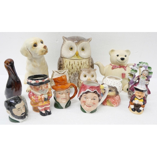 2267 - Three boxes of mixed decorative China, animal figures, character mugs, owl biscuit storage jar and p... 