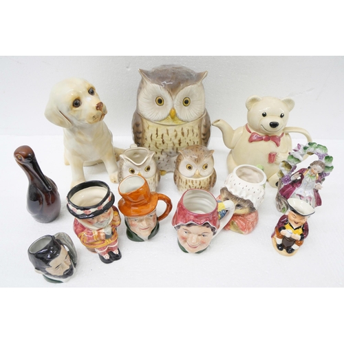 2267 - Three boxes of mixed decorative China, animal figures, character mugs, owl biscuit storage jar and p... 