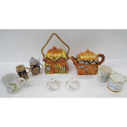 2283 - A box of mixed china, including Wedgwood Hampton Court cups, Crown Devon leaf dish, Cottage ware tea... 