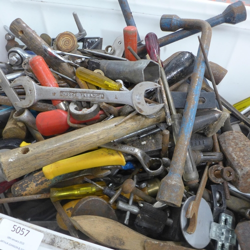 5057 - A large amount of assorted hand tools including saws, dies, spanners, hammers, screwdrivers etc.