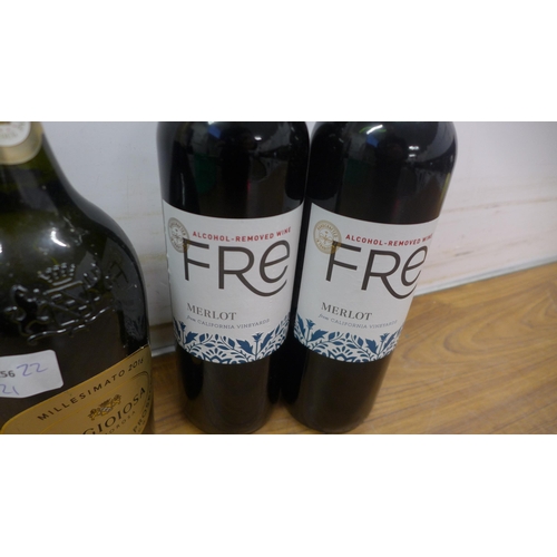 5070 - Four bottles of Fre Merlot alcohol removed wine and a bottle of Lagioiosa Prosecco