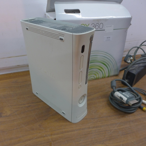 5076 - A boxed XBox 360 games console with power supply and component cables, no controller