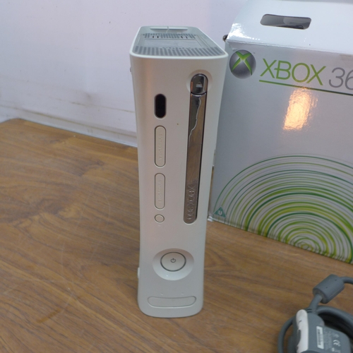 5076 - A boxed XBox 360 games console with power supply and component cables, no controller