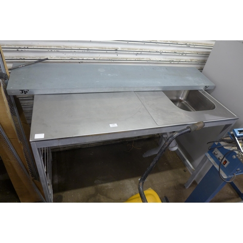 5188 - An industrial stainless steel preparation table with integrated sink unit and a galvanised metal she... 