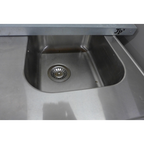 5188 - An industrial stainless steel preparation table with integrated sink unit and a galvanised metal she... 