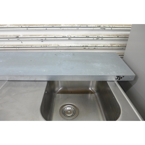 5188 - An industrial stainless steel preparation table with integrated sink unit and a galvanised metal she... 