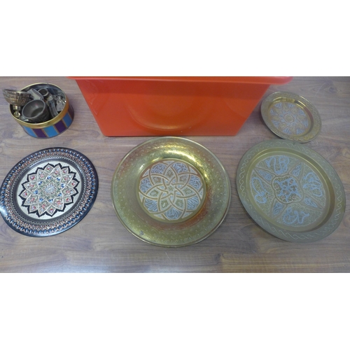 5279 - A large collection of metalware including brass plates, candlestick holders, bells and other items