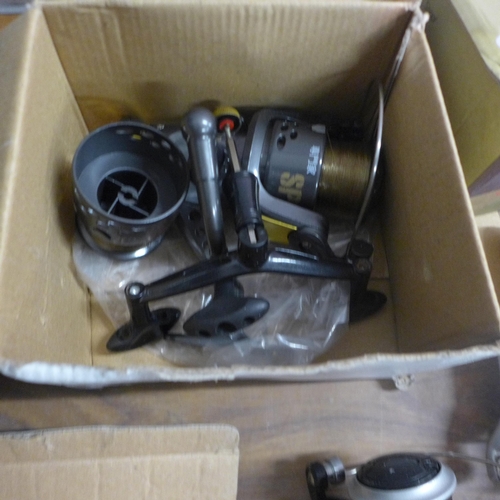 5298 - 9 assorted fishing reels including Matsuki, Avanti, etc., and a pair of caravan mirrors