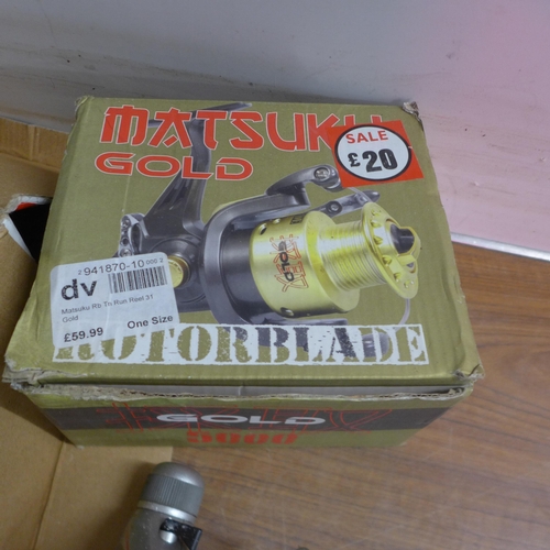 5298 - 9 assorted fishing reels including Matsuki, Avanti, etc., and a pair of caravan mirrors