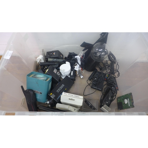 5250 - A box of assorted electronics including camera accessories, pocket microscope, travel fan, etc.