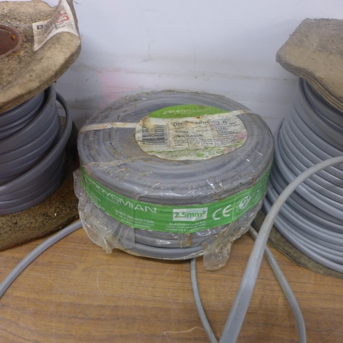 5256 - 3 reels of cables including a 25m roll of Prysmian cable and 2 other rolls of assorted cable