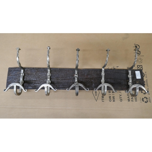 3157 - A pair of Stone the Crows quintuple wall hooks and a Small Stone the Crows wall shelved boat