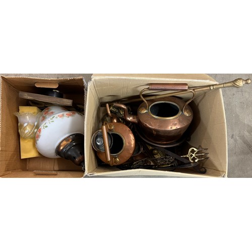 227 - A collection of metalware including copper kettles and other brass and copper items together with a ... 